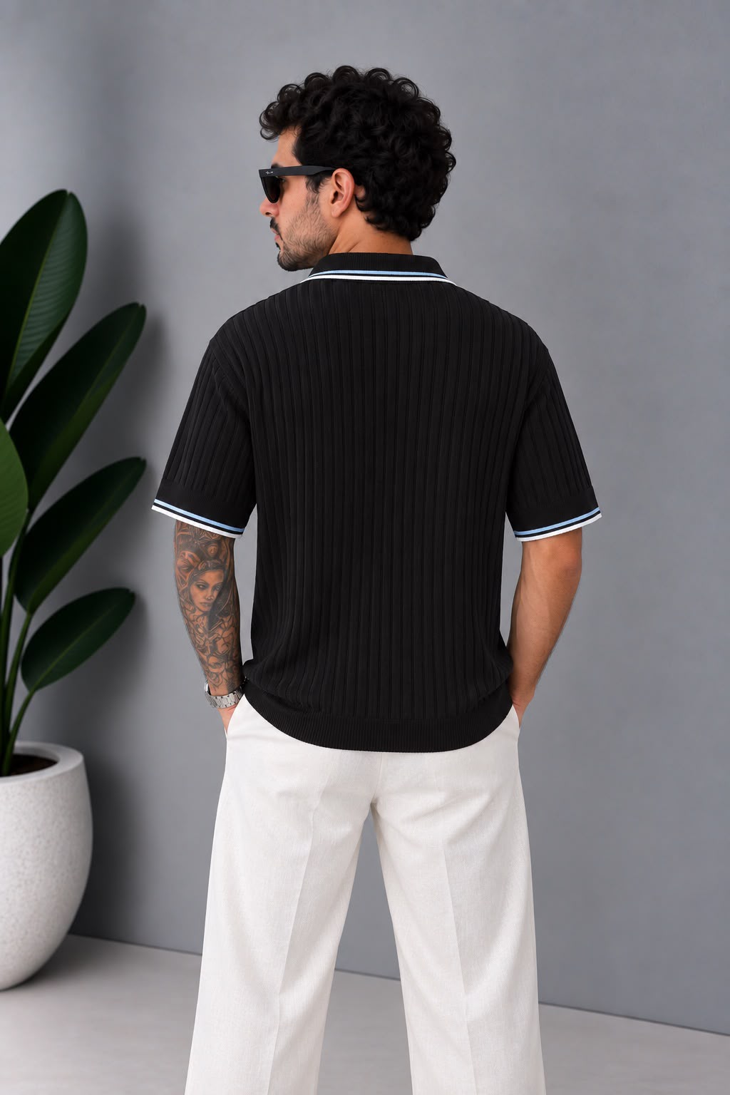 Polo Yaka Fitilli Siyah T-Shirt – T007