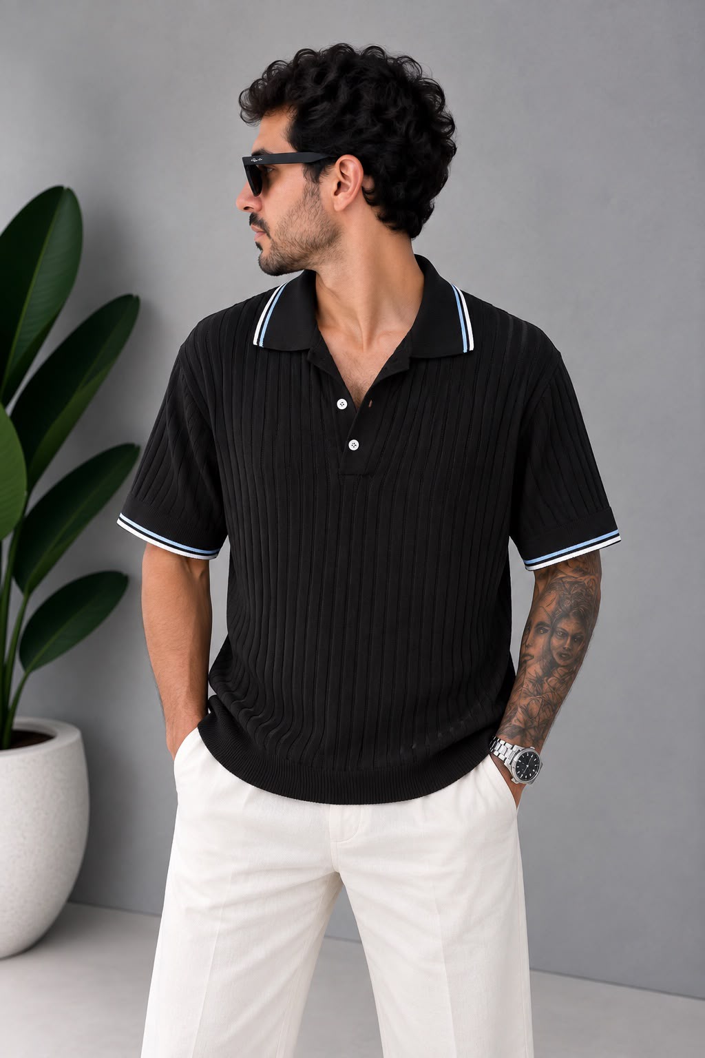 Polo Yaka Fitilli Siyah T-Shirt – T007