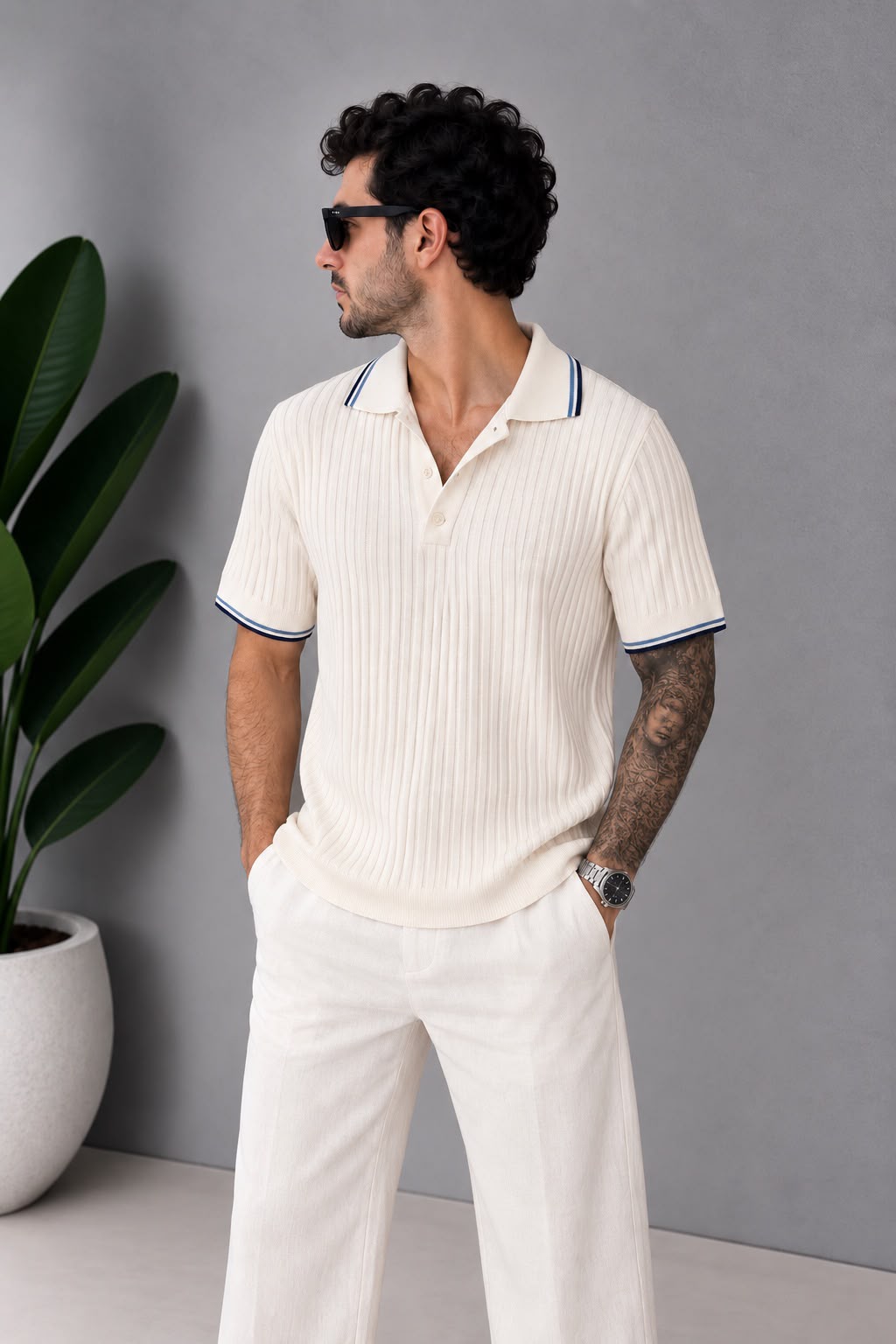Polo Yaka Fitilli Beyaz Yaka Detay T-Shirt – T008