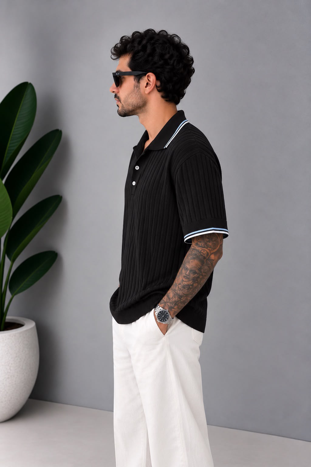 Polo Yaka Fitilli Siyah T-Shirt – T007