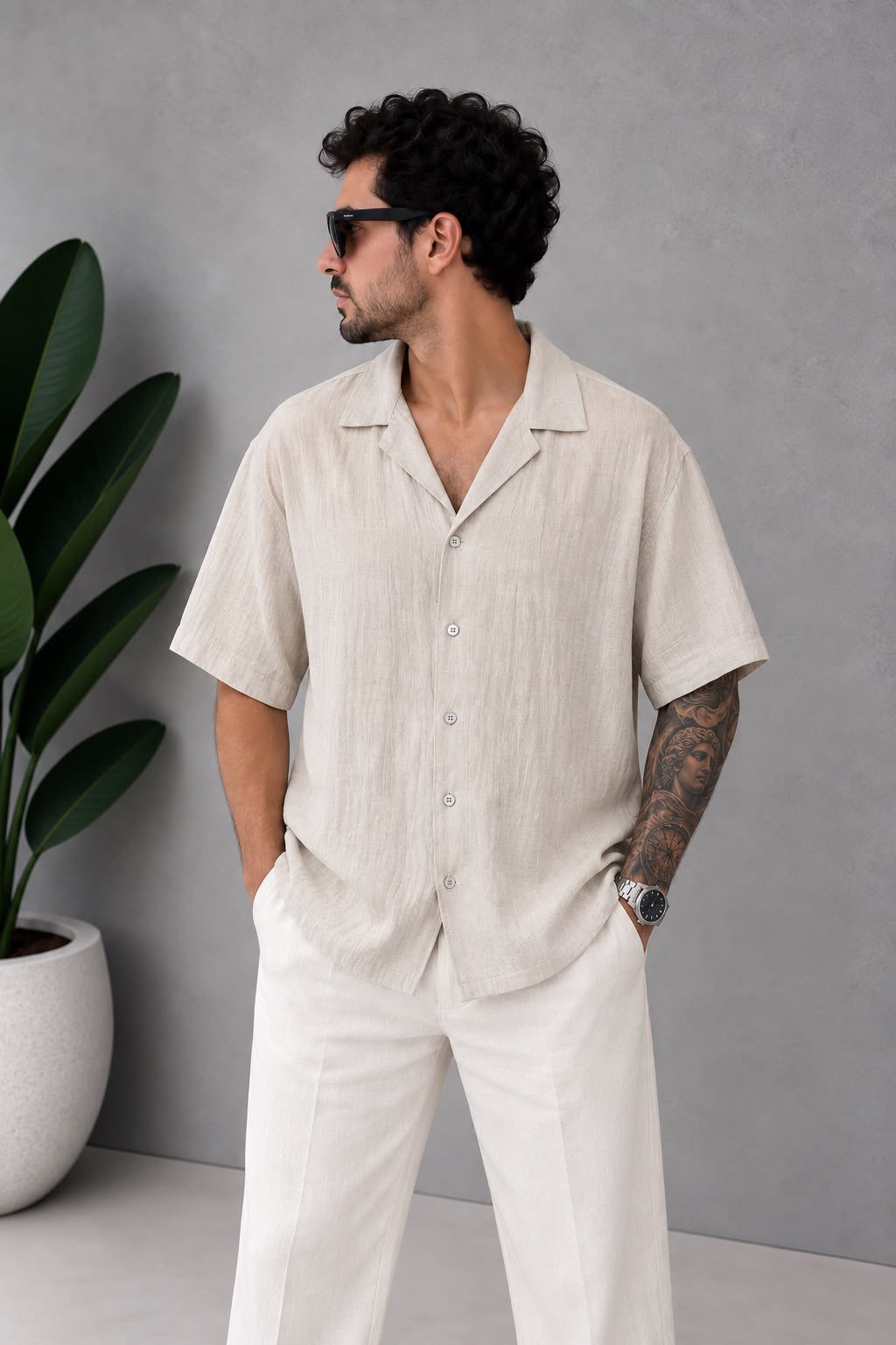 Bej Kısa Kol Keten Gömlek – KG003