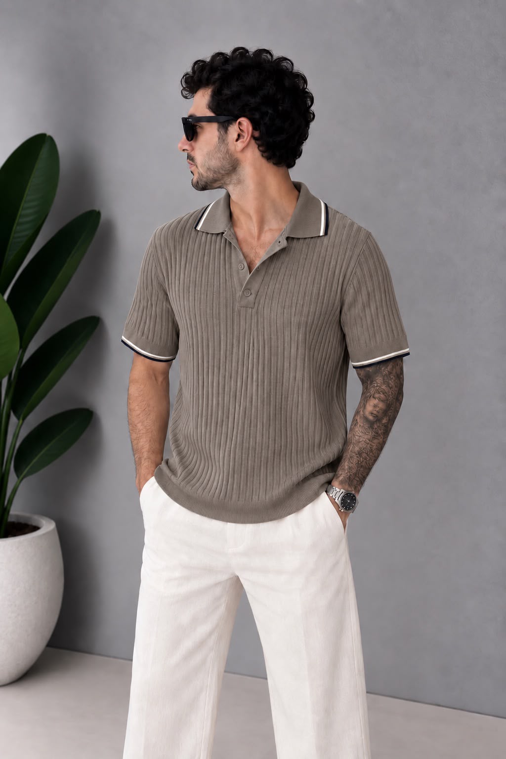 Polo Yaka Fitilli Bej T-Shirt – T009